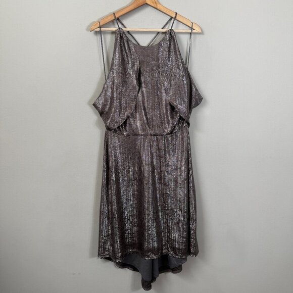 Halston Metallic Fit & Flare Midi Dress Women's 8 Gunmetal Silver Cocktail Party - Picture 4 of 14